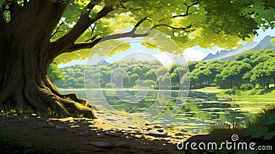 Beautiful Natural Canopy Tree With Morning Sunlight - Professional Cartoon Style Stock Photo