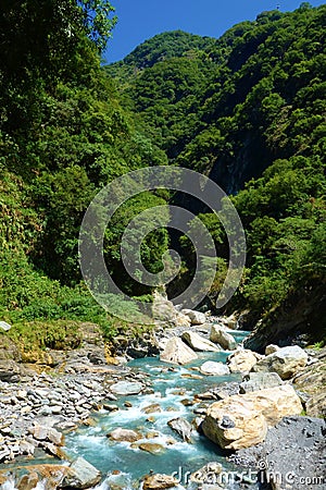 Beautiful natural canyon and turquoise stream hiking trail in Taroko National Park, Hualien, Taiwan Stock Photo
