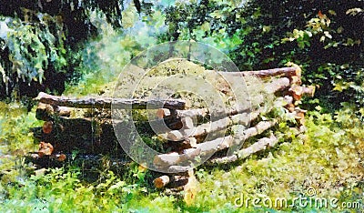 Beautiful natural compost heap in woodland permaculture garden, and computer painting effect. Stock Photo