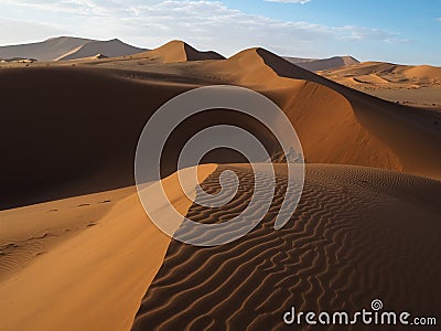Beautiful natural curved ridge line and wind blow pattern of rusty red sand dune with shade and shadow on vast desert landscape Stock Photo