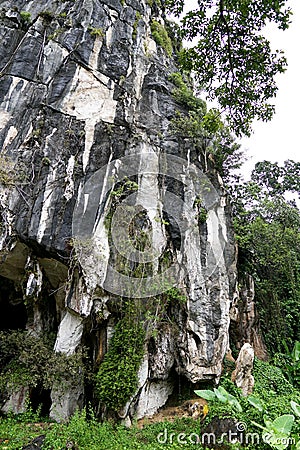 Beautiful natural limestone cave entrance in Malaysia. Limestone Hill and Cave.Jungle covered and dramatic rounded hill and huge h Stock Photo