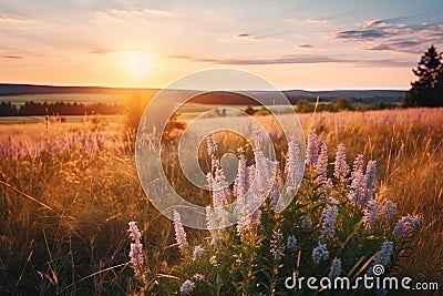 Beautiful natural panoramic countryside landscape. Blooming wild high grass in nature at sunset warm summer. Stock Photo