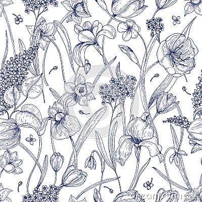 Beautiful natural seamless pattern with spring flowers hand drawn with contour lines on white background. Elegant Vector Illustration