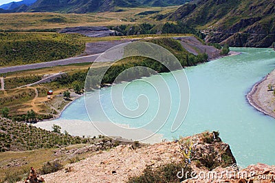 Beautiful nature of the Altai mountains. Rivers, mountains and trees top view. Katun river and sandy banks. Clean air, virgin Stock Photo