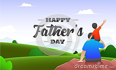 Beautiful nature background with back view of son sitting on his father shoulders for Happy Father`s Day. Stock Photo