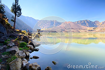 Beautiful nature background at Segara Anak Lake in early morning. Mount Rinjani is an active volcano in Lombok, indonesia. Stock Photo