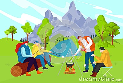 Beautiful nature, interesting adventure, tourist camp, travel in forest near mountains, design cartoon style vector Vector Illustration