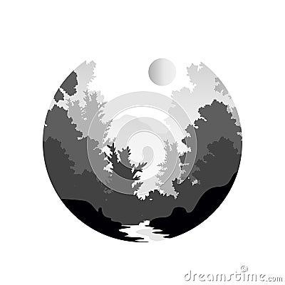 Beautiful nature landscape with silhouette of forest in fog, natural scene icon in geometric round shaped design, vector Vector Illustration