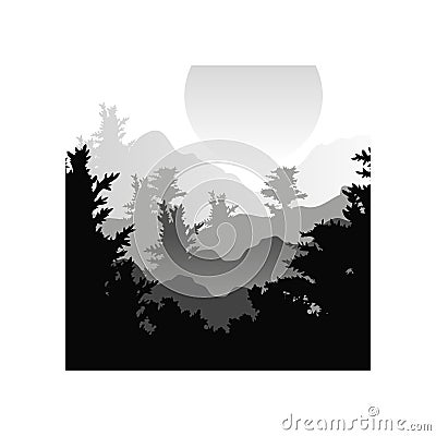 Beautiful nature landscape with silhouettes of forest trees, sunset of big sun, natural scene icon in geometric square Vector Illustration