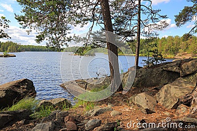 Beautiful nature landscape view . Lake with rocky coast line, blue water surface and green trees on blue sky. Stock Photo