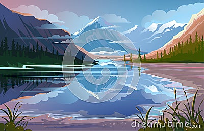 Beautiful nature, natural landscape. Evening mountain scenery Vector Illustration