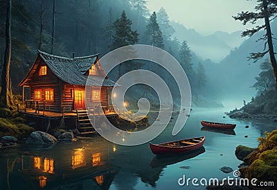 Beautiful Nature: Realistic Sunlit Landscapes with Bioluminescence Intrigue Stock Photo