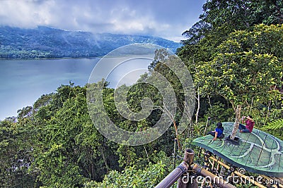 Beautiful nature view of Buyan Lake with man made leaf shape platform for tourist to photograph their memories here in Bali Editorial Stock Photo