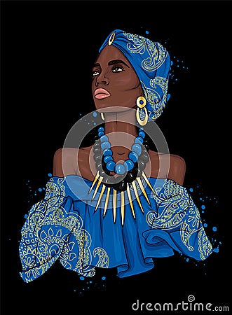 A beautiful negress in a dress and turban with patterns. Africa. Ethnic clothing and accessories, fashion and style. Vector Illustration