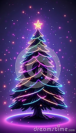 Beautiful neon christmas tree card illustratio Cartoon Illustration