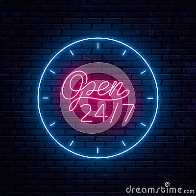 Beautiful neon inscription open 24 hours 7 days a week Vector Illustration