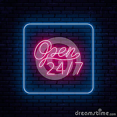 Beautiful neon inscription open 24 hours 7 days a week Vector Illustration