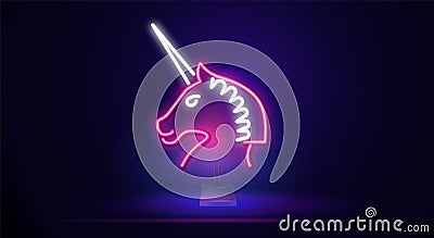 Beautiful neon pink Unicorn sign. Neon logo, bright banner. Advertising design. A sign with night lighting. Vector Vector Illustration