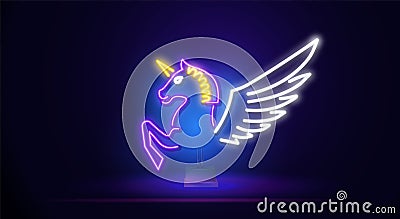 Beautiful neon Unicorn sign with wings. Neon logo, bright banner. Advertising design. A sign with night lighting. Vector Vector Illustration