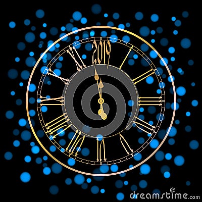 Beautiful New Year greeting card with blue glittering lights and a golden clock on black background Vector Illustration