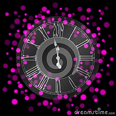 Beautiful New Year greeting card with pink glittering lights and a silver clock on black background Vector Illustration