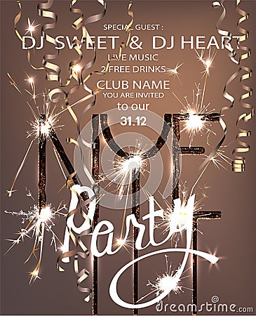 Beautiful new year party banner with christmas tree bruNew year eve party invitation card with sparklers and serpentine. Vector Illustration