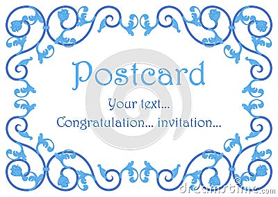 Beautiful nice postcard template with decorative curly blue ornament Vector Illustration