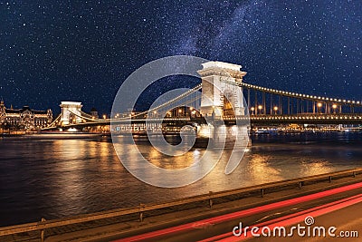 Night view of Budapest, Chain bridge Szechenyi lanchid, Hungary, Europe Stock Photo