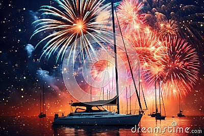 Beautiful night fireworks over a large yacht. Festive fireworks over the ship Stock Photo