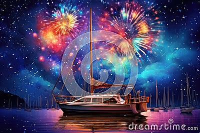 Beautiful night fireworks over a large yacht. Festive fireworks over the ship Stock Photo