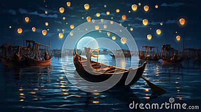 travel night festival light boat lantern water lamp river celebration. Generative AI. Stock Photo