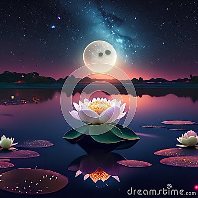 beautiful night landscape with a lotus flower on the water and moon Generative AI Stock Photo