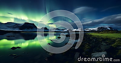 Beautiful night landscape of mountains reflected in a lake during the aurora borealis Stock Photo