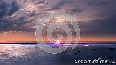 Lightening and stormy at sea nature landscape lilac cloudy sky silver ocean wave reflection background summer template copy spac Stock Photo