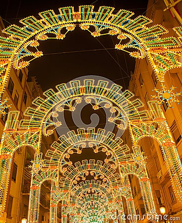 Beautiful night lights in Fallas fest of Valencia in calle Sueca Stock Photo