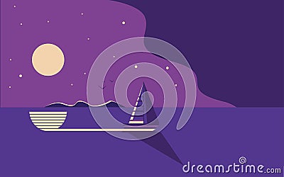 Beautiful night seascape. A yacht or sea vessel is sailing against the background of the night sky Vector Illustration