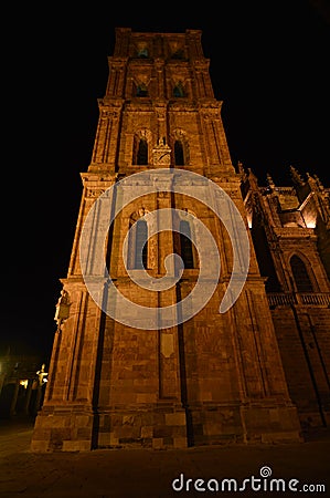 Beautiful Night Shot Of The Cathedral`s Bell Tower In Astorga. Architecture, History, Camino de Santiago, Travel, Night Photograp Stock Photo