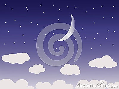 Beautiful night sky with moon and clouds Vector Illustration