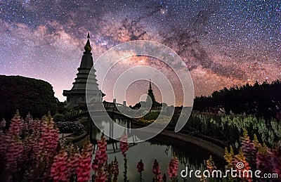 Beautiful Night Starry sky with Rising Milky Way over the temple Stock Photo