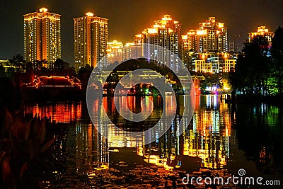 Bishan Xiuhu Lake Park with moon Editorial Stock Photo