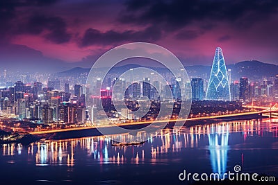 beautiful night view of hong kong city skyline and river, Seoul Skyline, AI Generated Stock Photo