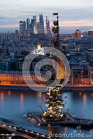 Beautiful night view of the monument to Peter the Great in Moscow. Editorial Stock Photo