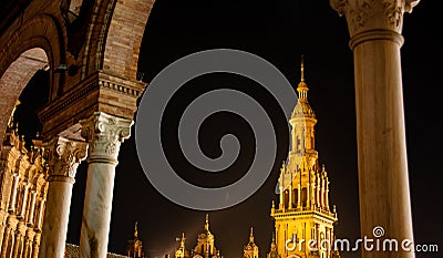 The South Tower of Plaza de Espana illuminated on a beautiful night Stock Photo