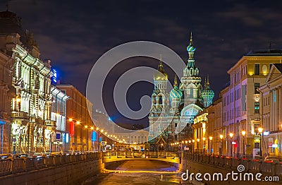 Beautiful nightscape of Church of the Savior on Spilled Blood over Griboyedov canal at twilight, St Petersburg, Russia Stock Photo