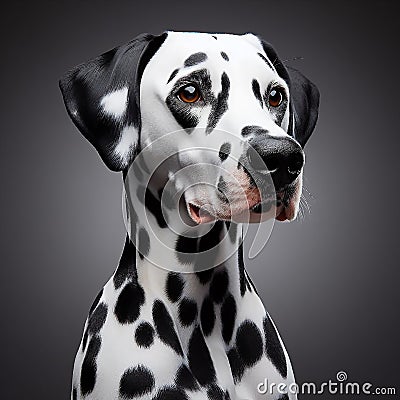 beautiful and noble Dalmatian dog, in a close-up pose on display generated by artificial intelligence. Stock Photo