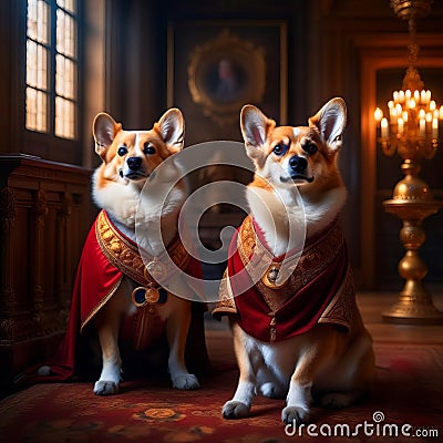 Beautiful noble royal corgi dog posing in a rich red suit in a vintage interior Stock Photo