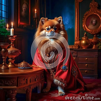 A beautiful noble Spitz dog poses in a rich red suit in a vintage interior Stock Photo