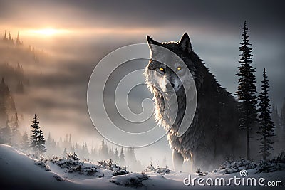 Beautiful northern landscape with giant wolf looking at you, warg Fenrir, AI generated Stock Photo