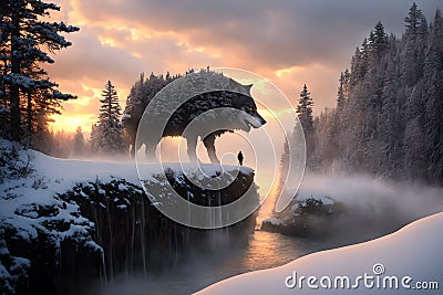 Beautiful northern landscape with giant wolf, warg Fenrir, AI generated Stock Photo