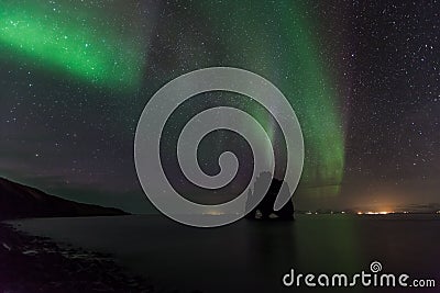 Beautiful Northern light at hvitserkur, Iceland Stock Photo
